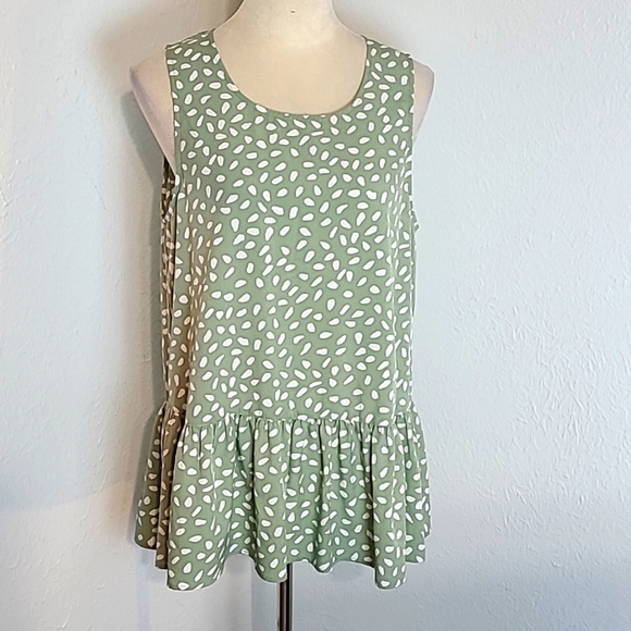 Staccato Sleeveless Green & White Speckled Mini-Dress w/Ruffled Hem, Size Large - Picture 2 of 9